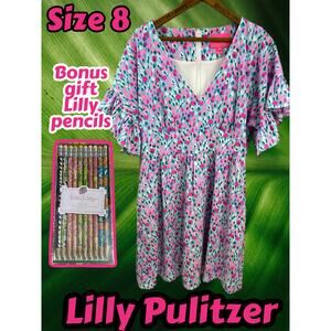 Lilly Pulitzer Hottie Dottie Blaire Stretch Dress Teal Pink Size 8 W/Pencils!
